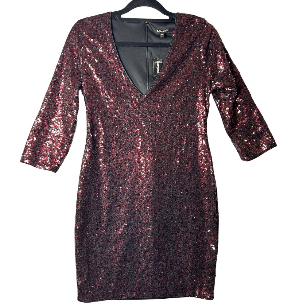 Express Dress Womens 6 Black Red V Neck 3/4 Sleeve Sequin Sparkle Prom Party NEW